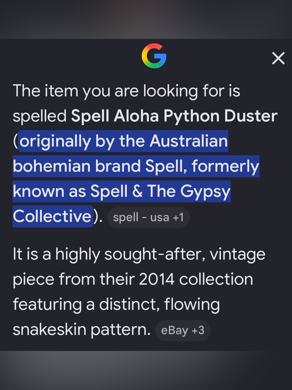 SPELL Aloha Python Duster RARE - Picture 9 of 12
